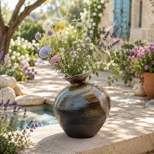 May include: A round, dark brown and olive green glazed ceramic vase with a wide, flared rim. The vase is filled with a variety of wildflowers, including blue, white, and pink blossoms, with long green stems extending from the narrow neck opening.