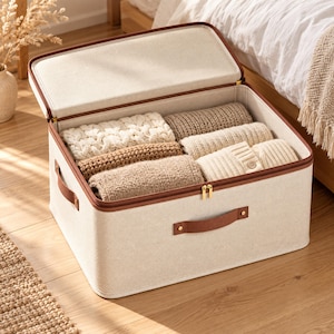 Peut inclure: Une boîte de rangement rectangulaire en tissu beige avec un couvercle à charnière et une bordure marron. Le contenant présente des poignées latérales marron avec des rivets dorés et une fermeture à double glissière. Des pulls en maille pliés.
