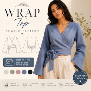 May include: A blue wrap top sewing pattern featuring long bell sleeves and a side tie closure. The image includes technical line drawings of the front and back of the garment, text reading WRAP Top SEWING PATTERN, and icons for PDF, A4, US Letter, and A0 formats.
