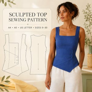 Peut inclure: Un haut bleu sans manches avec une encolure carrée et une fermeture frontale asymétrique à boutons. L'image inclut un dessin technique du patron de couture intitulé SCULPTED TOP SEWING PATTERN, A4, A0, US LETTER, et SIZES 0-30.