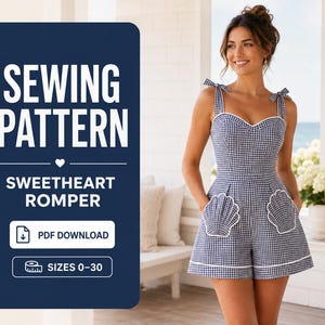 May include: A sewing pattern for a sweetheart romper with a navy and white gingham check print. The romper features tie-shoulder straps, shell-shaped pockets with white trim, and a hemline with white piping. Includes PDF download and sizes 0-30.