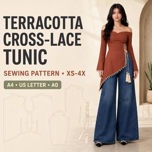 Puede incluir: Patrón de costura para túnica color terracota con cordones cruzados, disponible en tallas XS-4X para formatos A4, US Letter y A0. El diseño incluye escote barco, mangas largas y detalle de cordones laterales con borlas, junto a pantalones vaqueros anchos.
