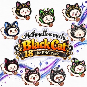 Könnte beinhalten: Eine digitale Sammlung von 18 Zeichentrickfiguren, bestehend aus weißen, runden Wesen mit verschiedenen schwarzen Katzenkapuzen. Der zentrale Text lautet Mathmallow mochi Black Cat 18 The PNG Pack, umgeben von bunten kosmischen Wirbeln und Sternen.