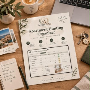 May include: A digital product flyer titled Apartment Hunting Organizer by Levant Atlas, featuring a Google Sheets and Excel template. The document includes icons for comparing apartments, tracking details, and organizing a search.
