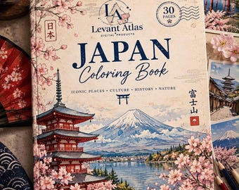 Målarbok för resor till Japan, 30 kända landmärken, kulturella destinationer (digital nedladdning)