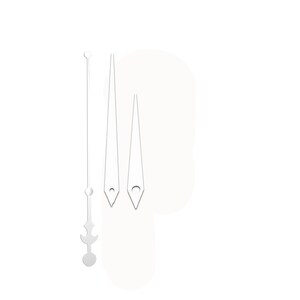 May include: A set of three silver clock hands. The longest hand has a circular top and a decorative bottom. The other two hands are triangular with a small hole near the tip. The hands are against a white background.