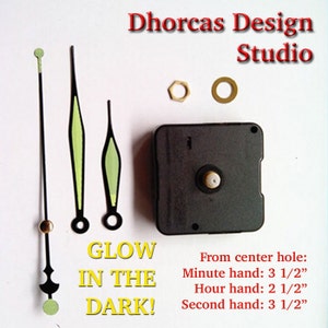 Quartz Clock Motor (#18) kit for clock replacement, noctilucent luminous 3 1/2&quot;  hands, choose from 3/16&quot; to long 3/4&quot; shafts and hanger.