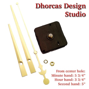 Quartz Clock Motor (#02) kit for wall clock replacement, movement and LONG Gold 6&quot;  hands, choose from regular to long shafts and a hanger.