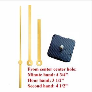 Quartz Clock Motor (#05G) kit for wall clock replacement, movement and gold 4.75&quot;  hands, choose from regular to long shafts and a hanger.