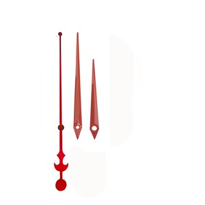 May include: Set of three red clock hands. The longest hand has a circular end and a decorative design. The other two hands are pointed with a hole near the base. Ideal for clock repair or DIY projects.