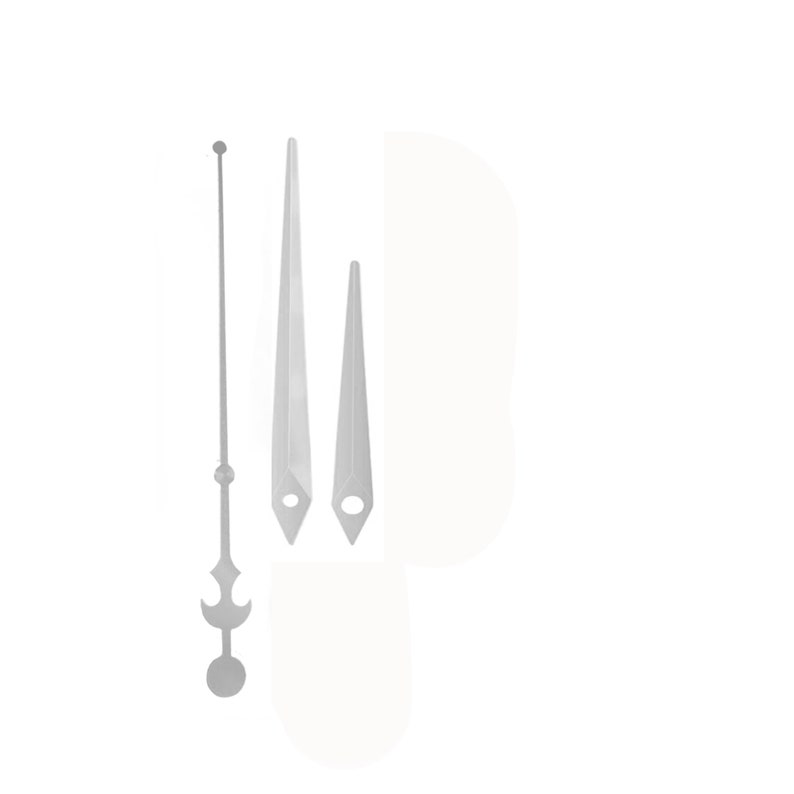 May include: A set of three silver clock hands. The longest hand has a circular end with a decorative design. The other two hands are pointed, with a small hole near the base. The hands are against a white background.