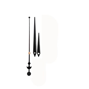 May include: Clock hands set. The set includes a long, slender minute hand with a decorative base, a second hand, and two black hour hands. The hands are black with a gold-colored accent. The clock hands are designed for a clock.