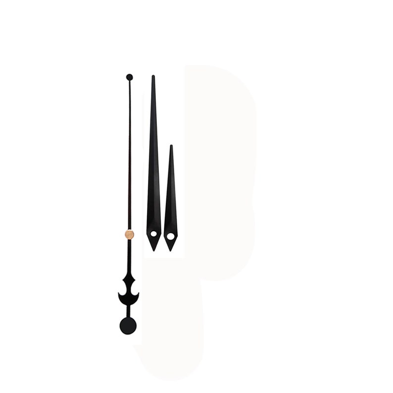 May include: Clock hands set. The set includes a long, slender minute hand with a decorative base, a second hand, and two black hour hands. The hands are black with a gold-colored accent. The clock hands are designed for a clock.