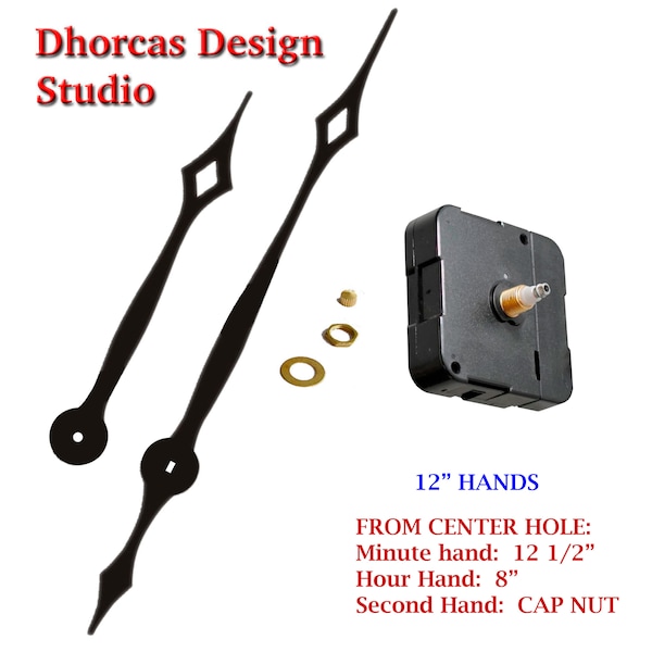 Quartz Clock motor movement (#028) kit & 12" hand, High Torque motor, choose from regular to long threaded shaft with hanger