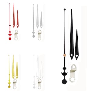May include: Clock hands in various colors, including red, silver, gold, and black. Each set includes hour, minute, and second hands, along with a silver-tone mounting bracket. The hands have different decorative designs.