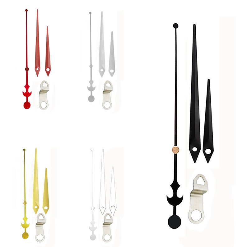 May include: Clock hands in various colors, including red, silver, gold, and black. Each set includes hour, minute, and second hands, along with a silver-tone mounting bracket. The hands have different decorative designs.