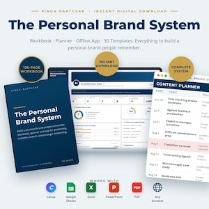 Op de afbeelding: Het Personal Brand System als digitale download bevat een werkboek van 126 pagina's, een contentplanner en een offline app. De donkerblauwe omslag van het werkboek heeft witte tekst. De interface toont grafieken en contentlijsten.