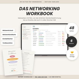 Könnte beinhalten: Ein digitales Networking-Workbook als 48-seitiges PDF und Notion-Vorlage. Die Darstellung zeigt einen Laptop-Bildschirm mit einer Kontaktverwaltungs-Oberfläche, daneben gedruckte Arbeitsbuchseiten sowie runde Symbole für 48 Seiten und 6 Module.