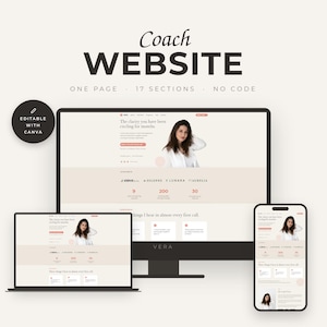 Könnte beinhalten: Eine Website-Vorlage für Coaches, dargestellt auf einem Desktop-Monitor, einem Laptop und einem Smartphone. Das Design umfasst eine neutrale Farbpalette, ein Foto einer Person und Text wie Coach WEBSITE, ONE PAGE, 17 SECTIONS, NO CODE und EDITABLE WITH CANVA.