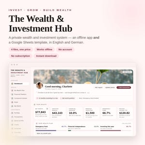 Könnte beinhalten: Ein digitales Dashboard mit dem Titel The Wealth & Investment Hub, das Bereiche für Nettovermögen, finanzielle Freiheit, monatliche Investitionen und Notfallfonds enthält. Die Oberfläche umfasst eine Seitenleiste und die Überschrift Invest, Grow, Build Wealth.