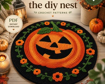 Pumpkin Crochet Rug Pattern Round Fall Floral Vine Border, Easy Bulky Yarn Halloween Home Decor