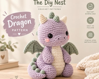 Häkelanleitung für einen Drachen, Amigurumi-Plüschtier für Anfänger mit Flügeln, Kawaii-Stofftier in Lila, einfach zu sitzende Puppe, US-amerikanische Häkelbegriffe
