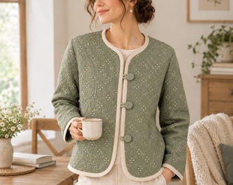 Quilted Jacket Sewing Pattern PDF, Diamond Quilt Cropped Coat, Cottagecore Boho Jacket, Womens DIY Sewing Pattern, Covered Button Jacket
