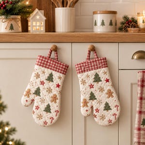 Puede incluir: Un par de guantes de cocina acolchados con fondo crema y un patrón repetitivo de árboles de Navidad verdes, hombres de jengibre marrones, estrellas rojas, copos de nieve dorados y bastones de caramelo rojos, con puño de cuadros rojos y blancos.