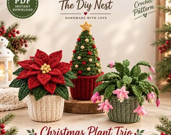 Gehäkelte Weihnachtspflanzen, Weihnachtskaktus & kleiner Baum in gerippten Töpfen, Anfänger-Weihnachtspflanzenset, Amigurumi-Kunstblumen-Deko-Geschenke