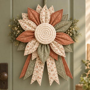 Puede incluir: Un adorno de pared de tela con forma de flor grande, con un centro circular y pétalos superpuestos en tonos óxido, crema y verde salvia. Los pétalos presentan estampados florales y colores sólidos, acentuados por pequeñas ramas de follaje.