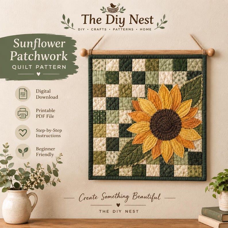 K&ouml;nnte beinhalten: Ein quadratischer Wandbehang mit einem Patchwork-Quilt-Design in Gr&uuml;n- und Cremet&ouml;nen, in dessen Mitte eine gro&szlig;e gelbe Sonnenblumen-Applikation prangt. Der Text lautet The Diy Nest, Sunflower Patchwork Quilt Pattern, Digital Download und mehr.