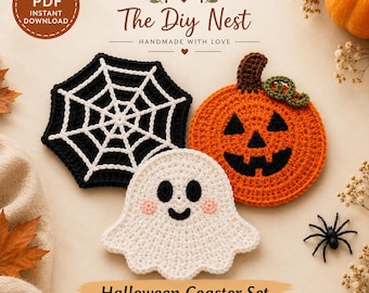 Halloween Coaster Crochet Pattern, Ghost Pumpkin & Spider Web Set of 3, Easy Cotton Mug Rug for Spooky Table Decor