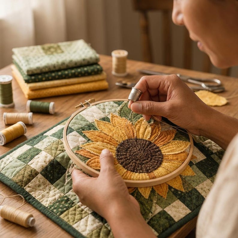 K&ouml;nnte beinhalten: Ein h&ouml;lzerner Stickrahmen mit einem Sonnenblumenmotiv aus Stoff mit gelben Bl&uuml;tenbl&auml;ttern und einer dunkelbraunen Mitte. Die Sonnenblume wird mit einer Nadel und einem Fingerhut aus Metall bestickt. Daneben liegen Garnrollen und Stoffquadrate.