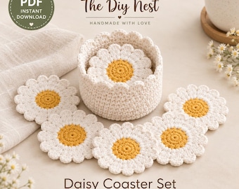 Daisy Coaster Crochet Pattern with Basket Holder, Set of 6 Flower Drink Mats, Beginner Friendly Spring Kitchen Decor