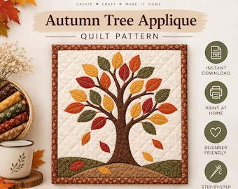 Autumn Tree Quilted Wall Hanging Pattern PDF, Fall Tree of Life Sewing Pattern, Appliqué Quilt Pattern, Beginner Quilt Tutorial, DIY Decor
