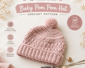 Puff Stitch Beanie Crochet Pattern, Pompom Hat with Ribbed Folded Brim, Newborn to Adult Sizes, Easy Winter Gift