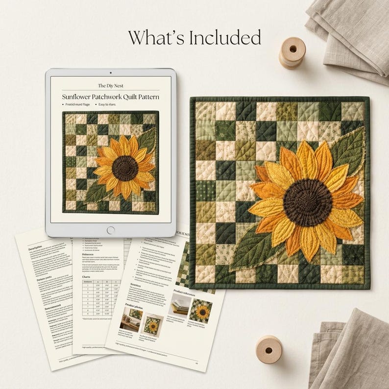 K&ouml;nnte beinhalten: Ein digitales Tablet mit einem Sonnenblumen-Patchwork-Quilt-Muster, ein physischer quadratischer Quilt mit einer gro&szlig;en gelben Sonnenblume auf einem gr&uuml;n-cremefarbenen Karohintergrund sowie mehrere gedruckte Anleitungsseiten mit Tabellen und Fotos.