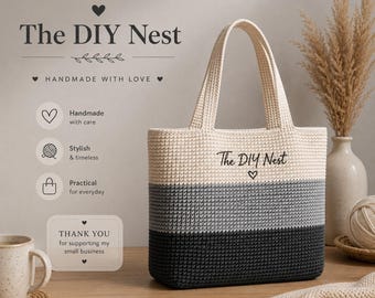 Crochet Tote Bag Pattern, Knit Look Waistcoat Stitch, Color Block Striped Market Shopper, Easy Boxy Cotton Purse for Beginners