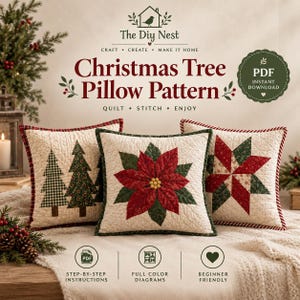 May include: A digital PDF pattern for three quilted throw pillows featuring Christmas designs. The pillows display a green tree motif, a red poinsettia flower, and a geometric star pattern, all set against a cream-colored quilted fabric background.