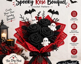 Halloween Crochet Bouquet Pattern, Black Rose Flowers with Ghosts and Bats, Gothic Home Decor, Spooky Gift for Her