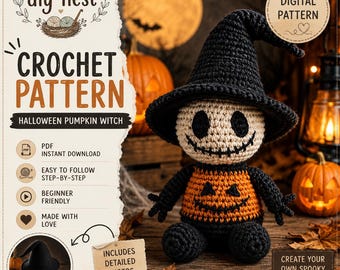Crochet Halloween Doll Pattern, Witch Hat Amigurumi in Pumpkin Sweater, Beginner Plush with Button Eyes