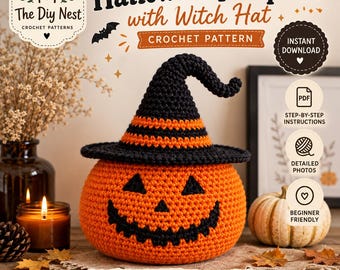 Crochet Pumpkin Pattern with Witch Hat, Jack o Lantern Amigurumi, Easy Halloween Decor for Beginners