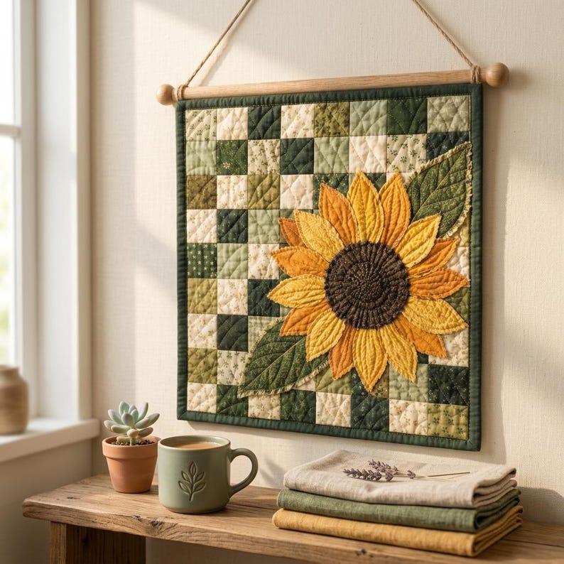 K&ouml;nnte beinhalten: Ein quadratischer, gesteppter Wandbehang mit einem Karomuster aus verschiedenen gr&uuml;nen und cremefarbenen Stoffquadraten. Eine gro&szlig;e, dreidimensionale Sonnenblume mit gelben Bl&uuml;tenbl&auml;ttern und einer dunkelbraunen Mitte ist appliziert.