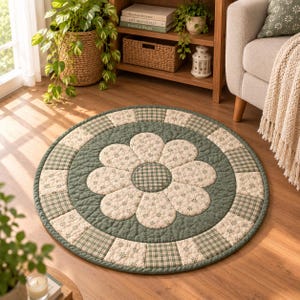 May include: A round quilted rug featuring a central flower motif with cream-colored petals adorned with small floral patterns, surrounded by a sage green border and an outer ring of alternating cream floral and sage green plaid fabric squares.