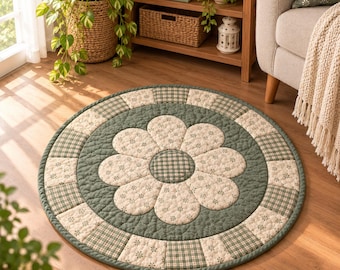 Round Daisy Quilted Rug Pattern PDF, Patchwork Flower Floor Mat, Beginner Quilt Sewing Pattern, Sage Gingham Cottagecore Decor