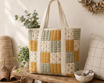 Nähanleitung für eine gesteppte Patchwork-Tragetasche, Anfängermodell mit Schachbrettmuster und abgerundeten Ecken, Senfgelb-Salbei-Blumenmuster (PDF)