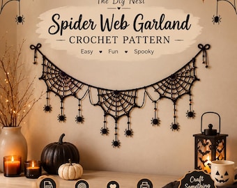 Spider Web Garland Crochet Pattern, Halloween Mantel Bunting with Hanging Spiders, Gothic Home Decor