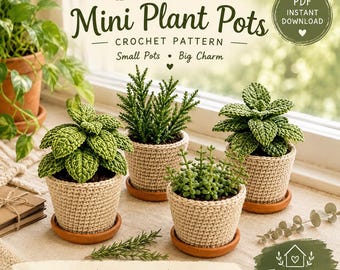 Crochet Succulent Pattern Set of 4, Potted Cactus Plant Amigurumi with Knit Look Planters, Windowsill Shelf Decor, Advanced Beginner PDF