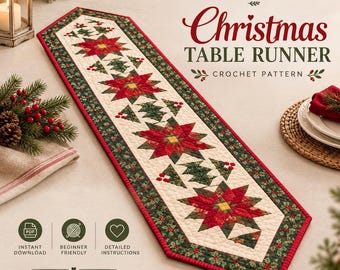 Christmas Table Runner Quilt Pattern, Poinsettia and Pine Tree Beginner Quilting PDF, Holly Border with Pointed Ends, 3 Sizes