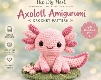 Axolotl Crochet Pattern, Pink Amigurumi Sitting on Lily Pad with Flower, Beginner Plush Tutorial